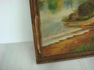   description antique oil painting of a lake with boats on the shore