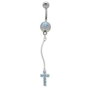    Dangle Cross Belly Button Ring with Light Blue Cz Gems Jewelry