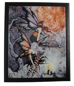 AMY BROWN FAIRY NIGHTFLYERS BLOOD MOON CERAMIC ART TILE WITH WOODEN 