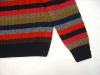   Cashmere Cable Sweater Mens M Crew Navy Red Pullover Stripe  