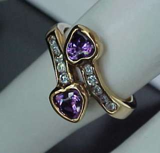 Twin HEART cut AMETHYST cz Bypass Wraparound GOLD ep Ring Sz6  