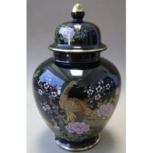  Japanese Ceramic Urn   Black with Japanese Designs   9 inches tall 
