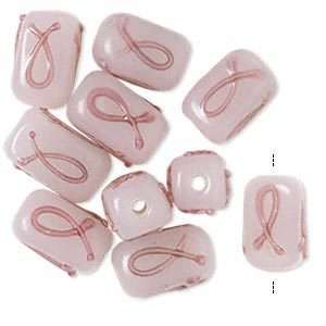 Lot of 10 Pink Ribbon Awareness Rectangle Glass Beads  