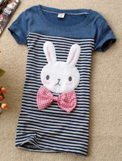 Womens bunny stripe Cotton Summer blue T shirt Tee Top  