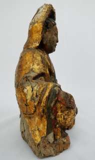 Antique Chinese Ming Dynasty Carved Wood Polychrome & Gold Gilt Buddha 