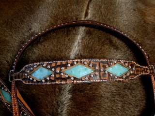 BROWN HORSE BRIDLE BREAST COLLAR WESTERN LEATHER HEADSTALL TURQUOISE 