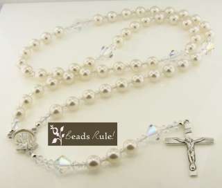   Pearl and Crystal Wedding Rosary with Sterling Silver Findings  