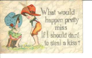 Vintage comic couple steal kiss art kids postcard 1915  