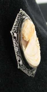 ANTIQUE EDWARDIAN CAMEO SILVER FILIGREE FLOWERS BROOCH  