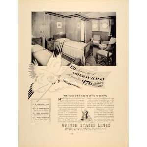 1934 Ad Roosevelt Steamship United States Lines Cabin   Original Print 