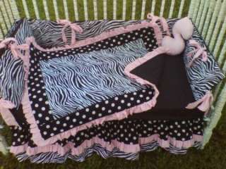 New Crib Bedding Set Pastel Pink Black/ White Polka Dots and Zebra 