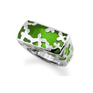  Rectangular Stainless Steel Womens Ring with green resin 