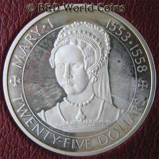 CAYMAN ISLANDS 1977 $25 1.5oz SILVER PROOF 45mm CROWN QUEEN MARY I 