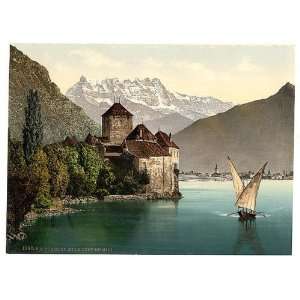 Photochrom Reprint of Chillon Castle, and Dent du Midi, Geneva Lake 
