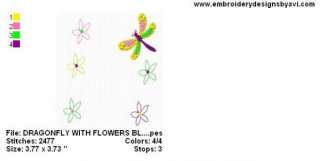 DRAGONFLY AND FLOWERS SINGLE EMBROIDERY MACHINE DESIGN  