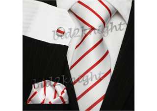 New White & Red Thin Striped Luxury Silk Tie Set 1131  