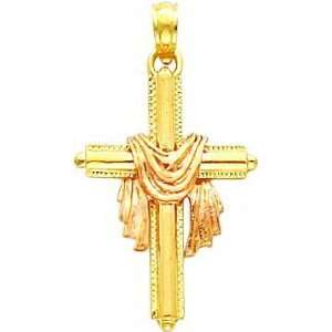  14K Two Tone Gold Cross & Shroud Pendant Jewelry