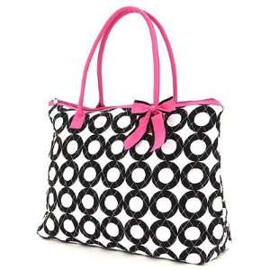  Large Quilted Circle Print Tote Bag   Pink/White (18x14x7 