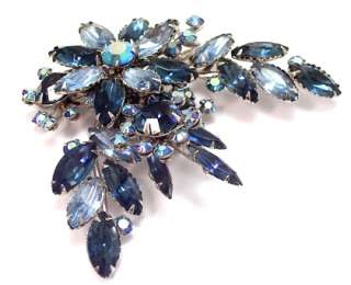 Vintage Large Brooch Pin Sapphire Blue Navette Rhinestone Floral 