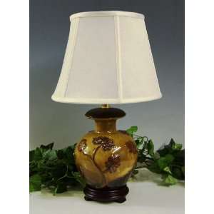   . Tan w Brown Flowers Lamp w Cream Linen Drum Shade: Home Improvement