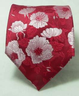 Landisun 36E Red White Floral Pattern Mens Silk Tie Set: (Super Long 