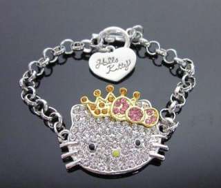 HELLO KITTY Pink golden Bow Crown Princess Bracelet Z22  