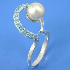 58 grams 925 Sterling Silver Pearl & CZ Blue Topaz Gemstone Ring 