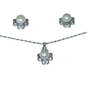  Flower White Pearl Earrings & Necklace Jewelry