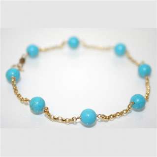 14k gold natural Turquoise Rolo chain charm bracelet ~  