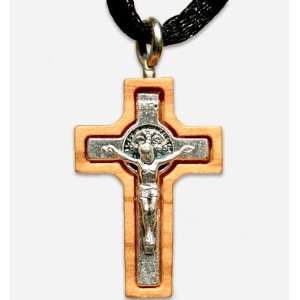  Olive Wood & Silver St. Benedict Crucifix Pendant 