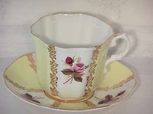   Grafton Cup and Saucer Yellow Panels Pink Roses w/ Red Buds Bone China