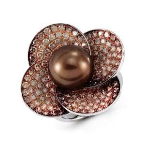    14k White Gold Natural Pearl Brown Round Diamond Ring Jewelry