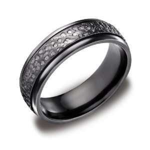 Mens Black Titanium 7mm Comfort Fit Wedding Ring Band Hammered Center 