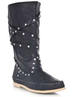 Qupid Women Casual silver Stud Mid calf Flat Moccasin Boots sz Black 