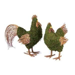 Set of 2 Garden Country Moss and Twig Chicken Figures  
