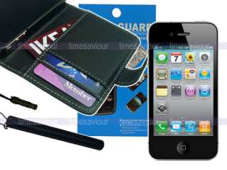 Black Leather Case Wallet+Screen Protector+Stylus for iPhone 4S 4 