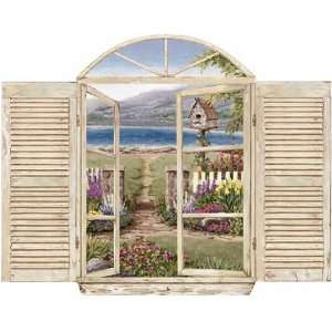  Cottage Window Mural   Birdhouse Garden Ocean Mountains 
