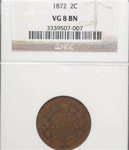 1872 Two Cent 2c Piece NGC VG 8, very tough to locate  