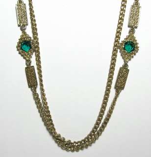   Vintage Gold Tone & Green Faceted Jewel Long Chain Necklace  