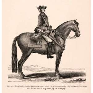 1876 Wood Engraving Cavalry Solider Equestrian 18th Century Uniform 