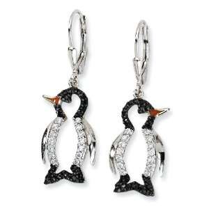  Sterling Silver Enameled Blk and Wht CZ Penguin Leverback 