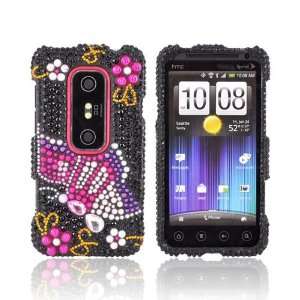 Pink Purple Butterfly on Black Gems Bling Hard Plastic Case Cover For 