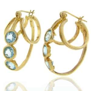   Sterling Silver Three Stone Genuine Blue Topaz Loop Earrings: Jewelry