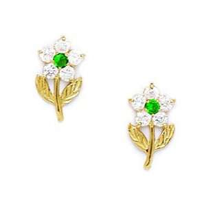 14k Yellow Gold May Birthstone Emerald CZ Flower With Leaves Screwback 
