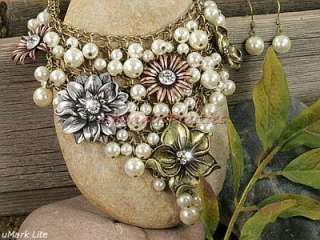 Couture Big Pearl Bib Large Flower Charm Silver Gold Chunky Necklace 