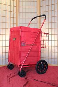 Red Jumbo Folding Shopping Cart Red Liner Swivel Rotating Wheels Extra 