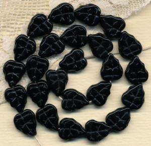 Vintage Pressed Black Glass Veined Glass Leaf Beads  