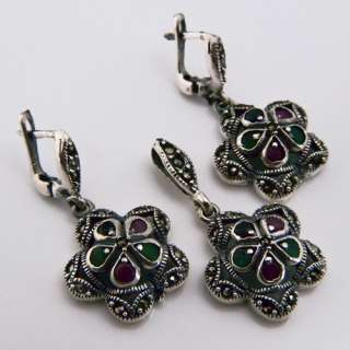   Emerald Sapphire Gemstone Marcasite Silver Earring Pendant Set  