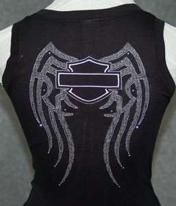 Harley Davidson Ladies Embroidered Wings Black Sleeveless Scoop Tank 