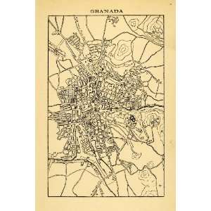  1907 Wood Engravings Map Ancient City Granada Spain Espana 